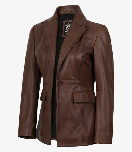 Women's Single-Button Lambskin Leather Blazer – Brown Cognac Wax