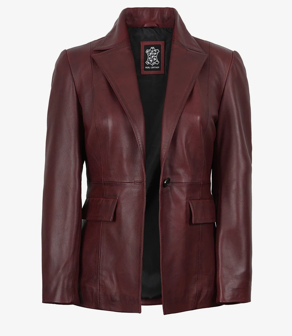 Women's Single-Button Lambskin Leather Blazer – Burgundy Wax