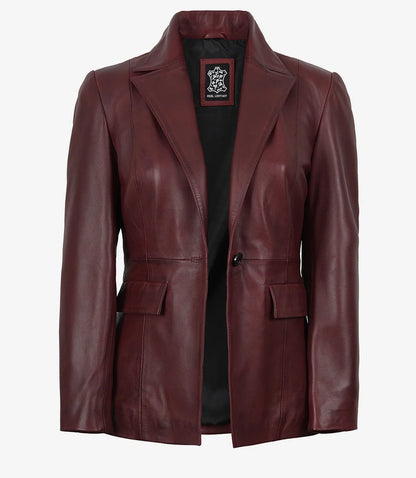 Women's Single-Button Lambskin Leather Blazer – Burgundy Wax