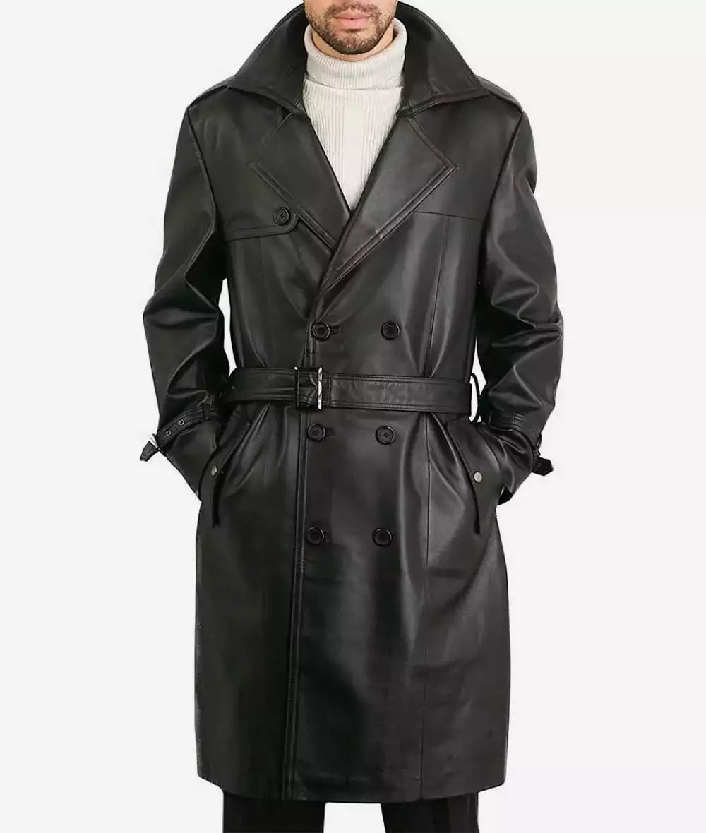 Mens Black Knee Length Leather Coat — Double-Breasted style