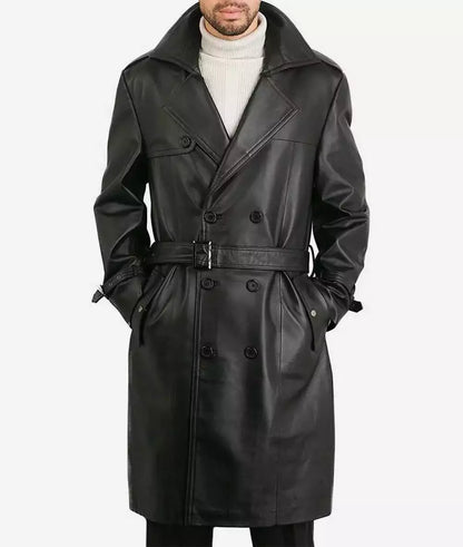 Mens Black Knee Length Leather Coat — Double-Breasted style