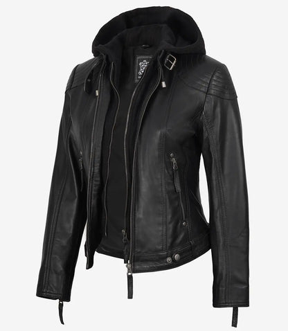 Tonja Womens Real Leather Black Jacket With Hood