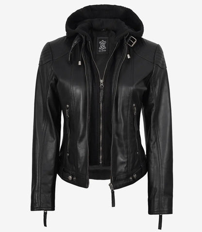 Tonja Womens Real Leather Black Jacket With Hood