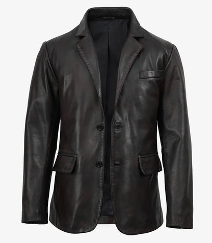 Juan Men's Two Toned Maroon Distressed Black Leather Blazer