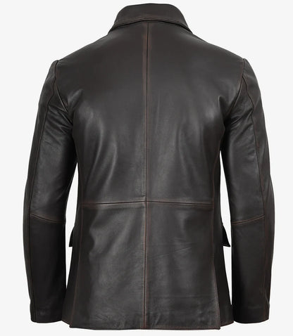 Mens Notch Lapel Distressed Brown Leather Blazer - Two Button