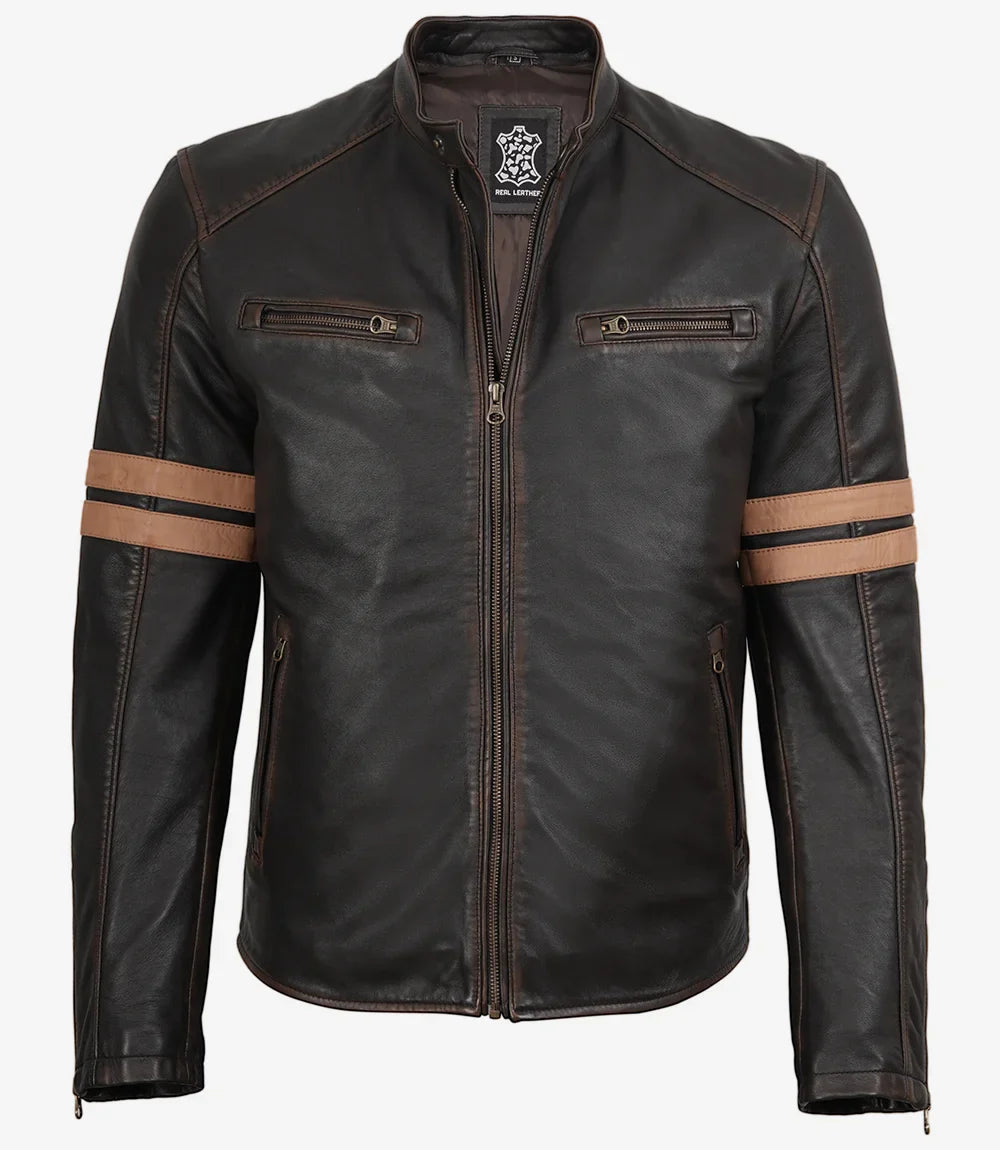 Men’s Vintage Brown Leather Biker Jacket with Dual Racing Stripes