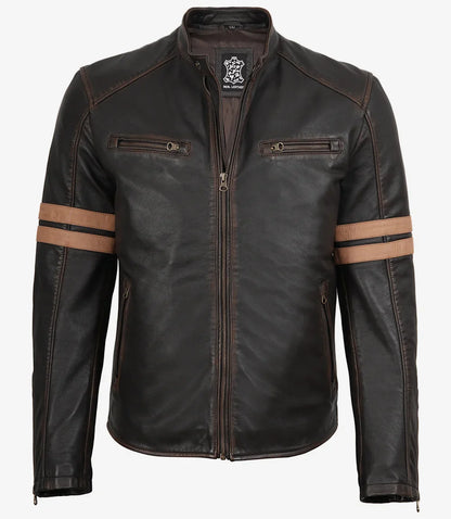 Men’s Vintage Brown Leather Biker Jacket with Dual Racing Stripes