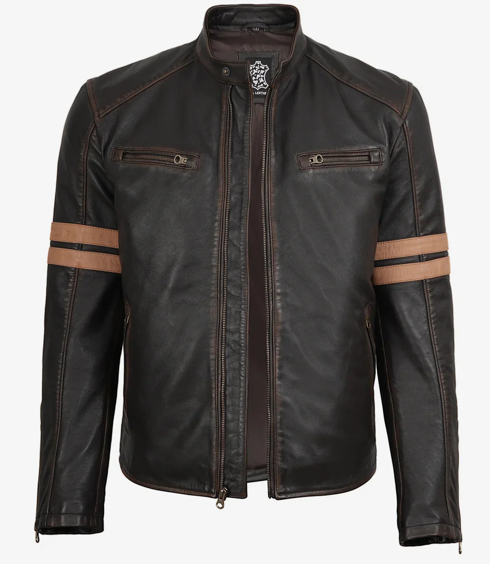 Men’s Vintage Brown Leather Biker Jacket with Dual Racing Stripes