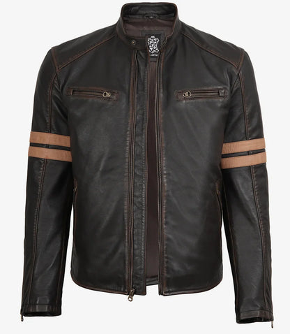 Men’s Vintage Brown Leather Biker Jacket with Dual Racing Stripes