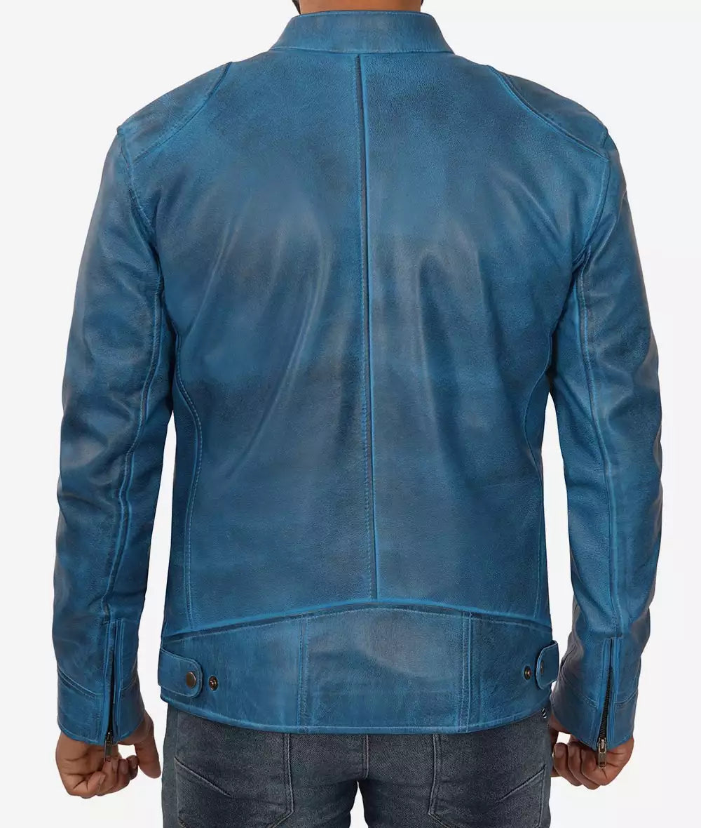 Mens Real Lambskin Leather Blue Cafe Racer Jacket Max Jackets