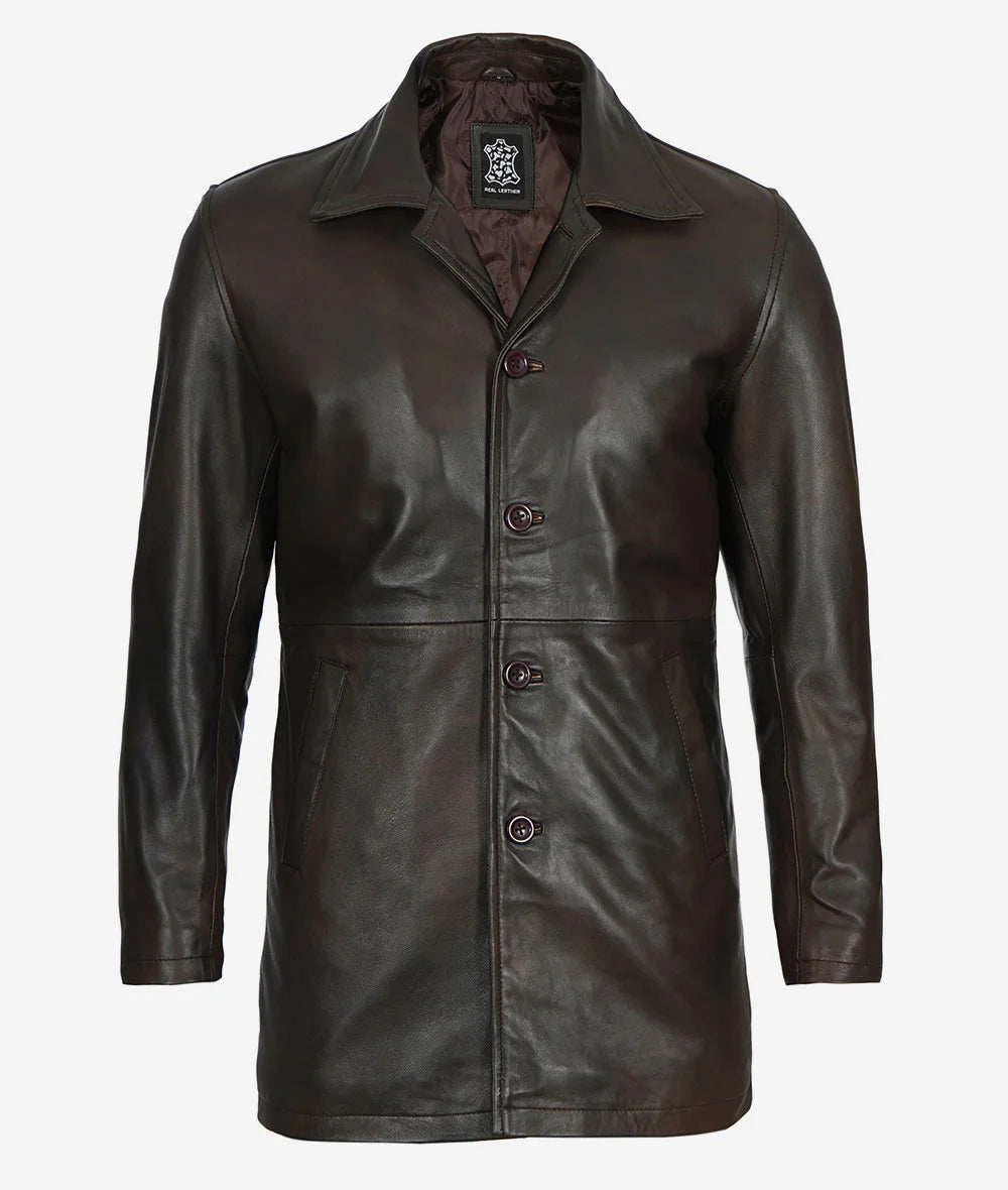 Men's Real Leather Dark Brown Car Coat Max Jackets