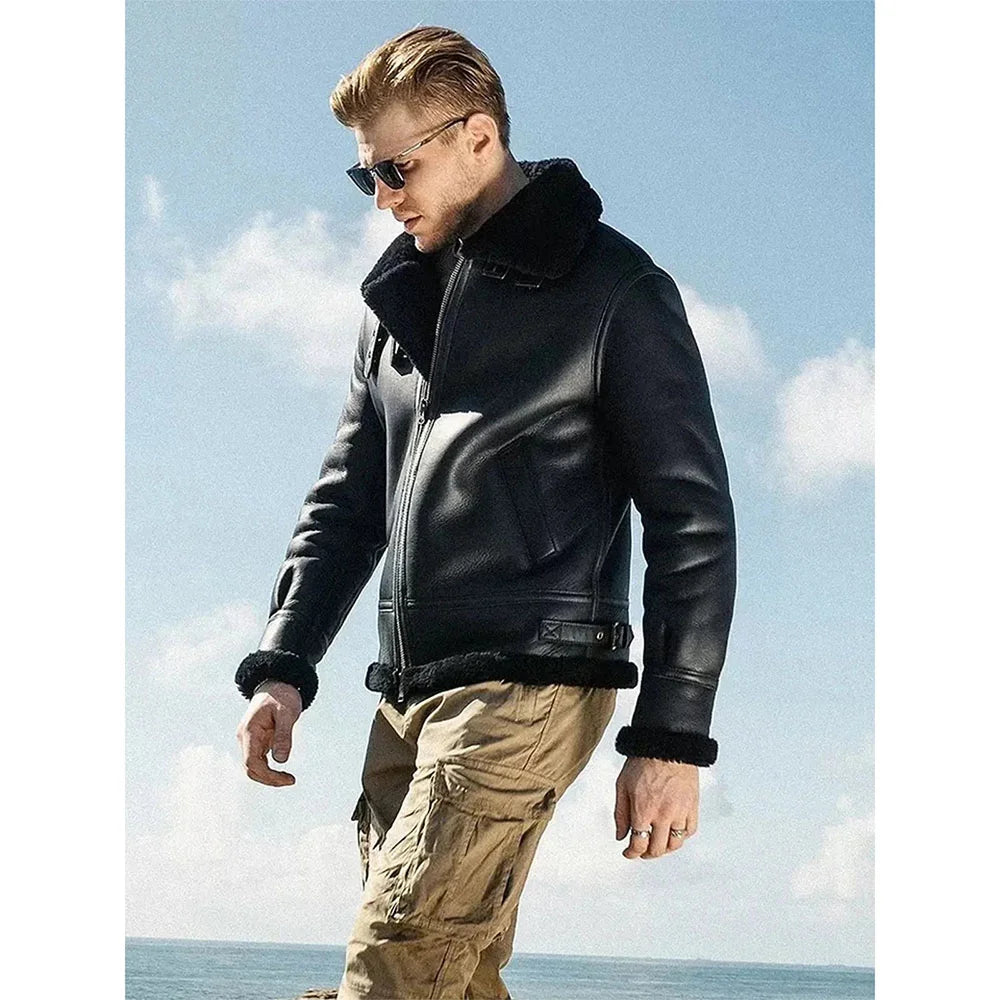 Mens Black Shearling B3 Bomber Aviator Flying Fur Sheepskin Leather Jacket Max Jackets