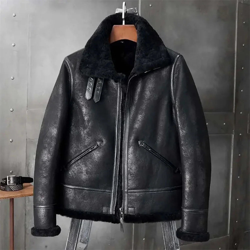 Mens Black Aviator Pilot Sheepskin Shearling B3 Bomber Leather Jacket Max Jackets