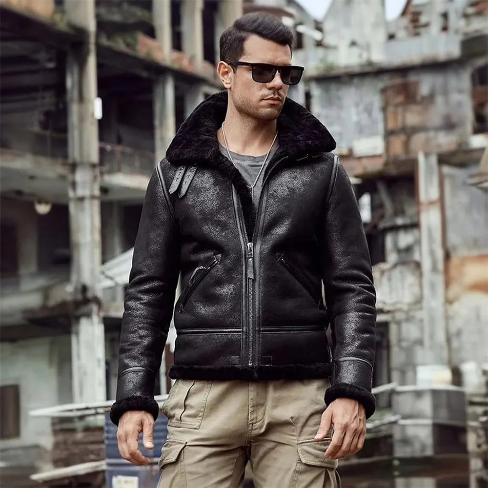 Mens Black Aviator Pilot Sheepskin Shearling B3 Bomber Leather Jacket Max Jackets