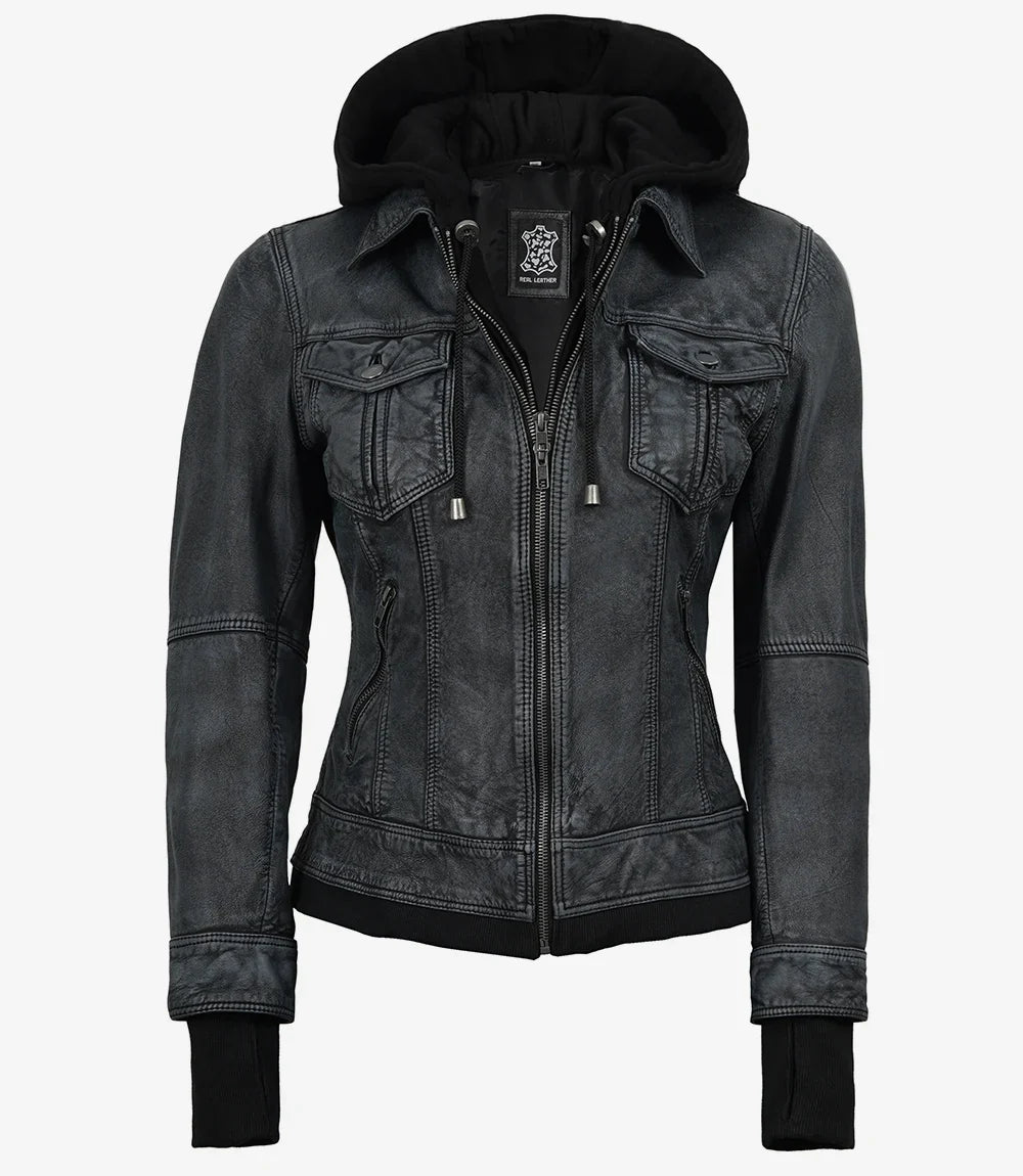 Women's Washed Black Lambskin Bomber Jacket with Removable Hood