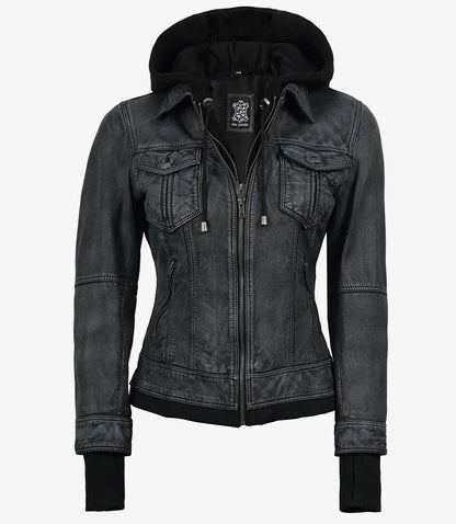 Women's Washed Black Lambskin Bomber Jacket with Removable Hood
