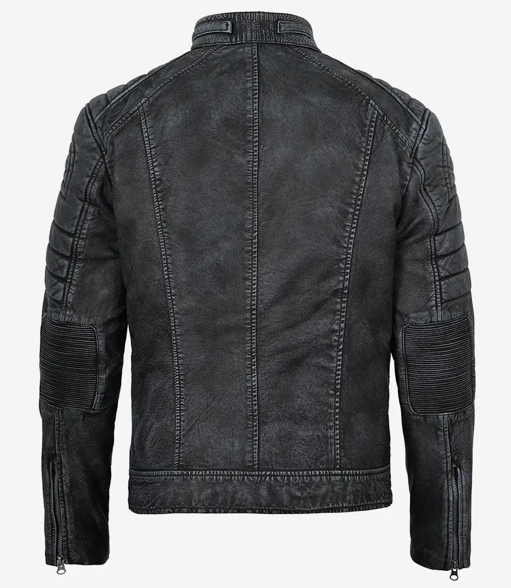 Men's Distressed Washed Black Cafe Racer Style Leather Jacket