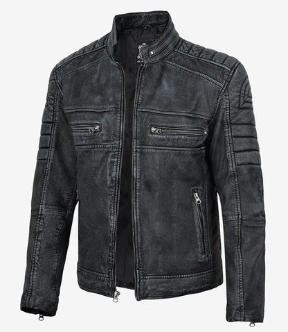 Men's Distressed Washed Black Cafe Racer Style Leather Jacket