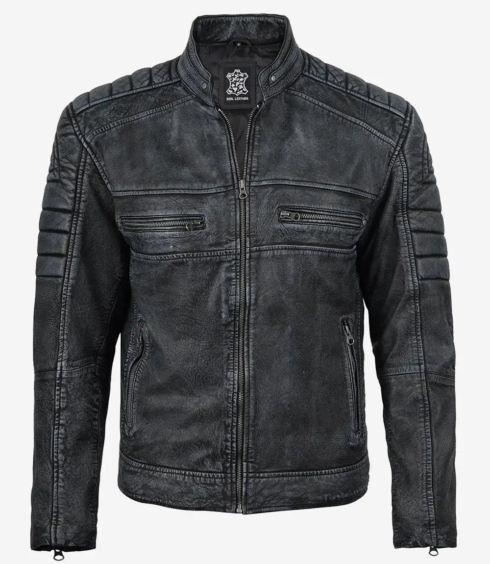 Men's Distressed Washed Black Cafe Racer Style Leather Jacket