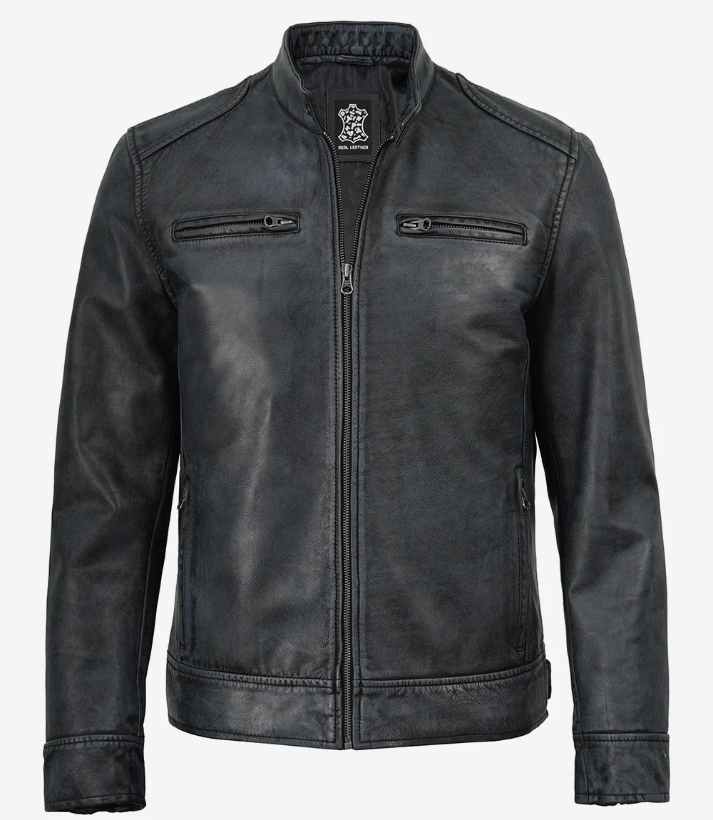 Men's Washed Black Cafe Racer Leather Jacket