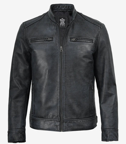 Men's Washed Black Cafe Racer Leather Jacket