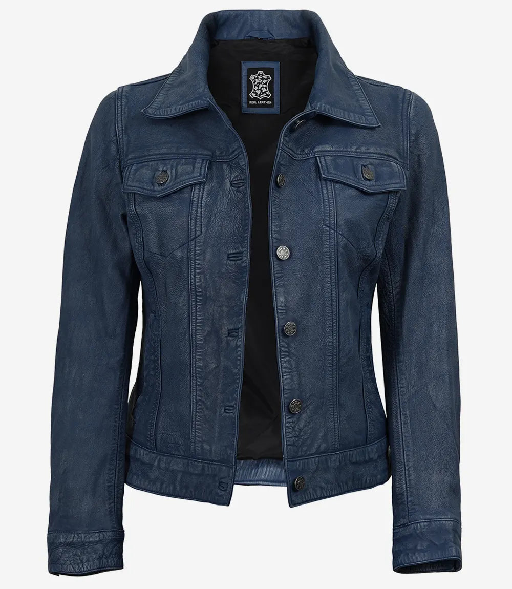 Women's Denim-Style Blue Washed Trucker Leather Jacket