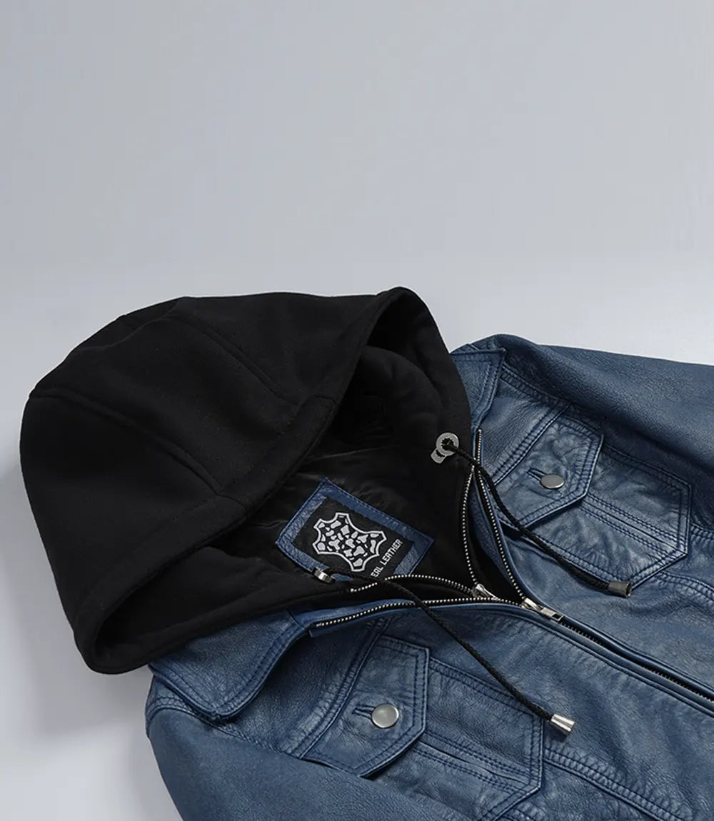 Women's Blue Leather Jacket with Removable Hood - Washed Denim Look