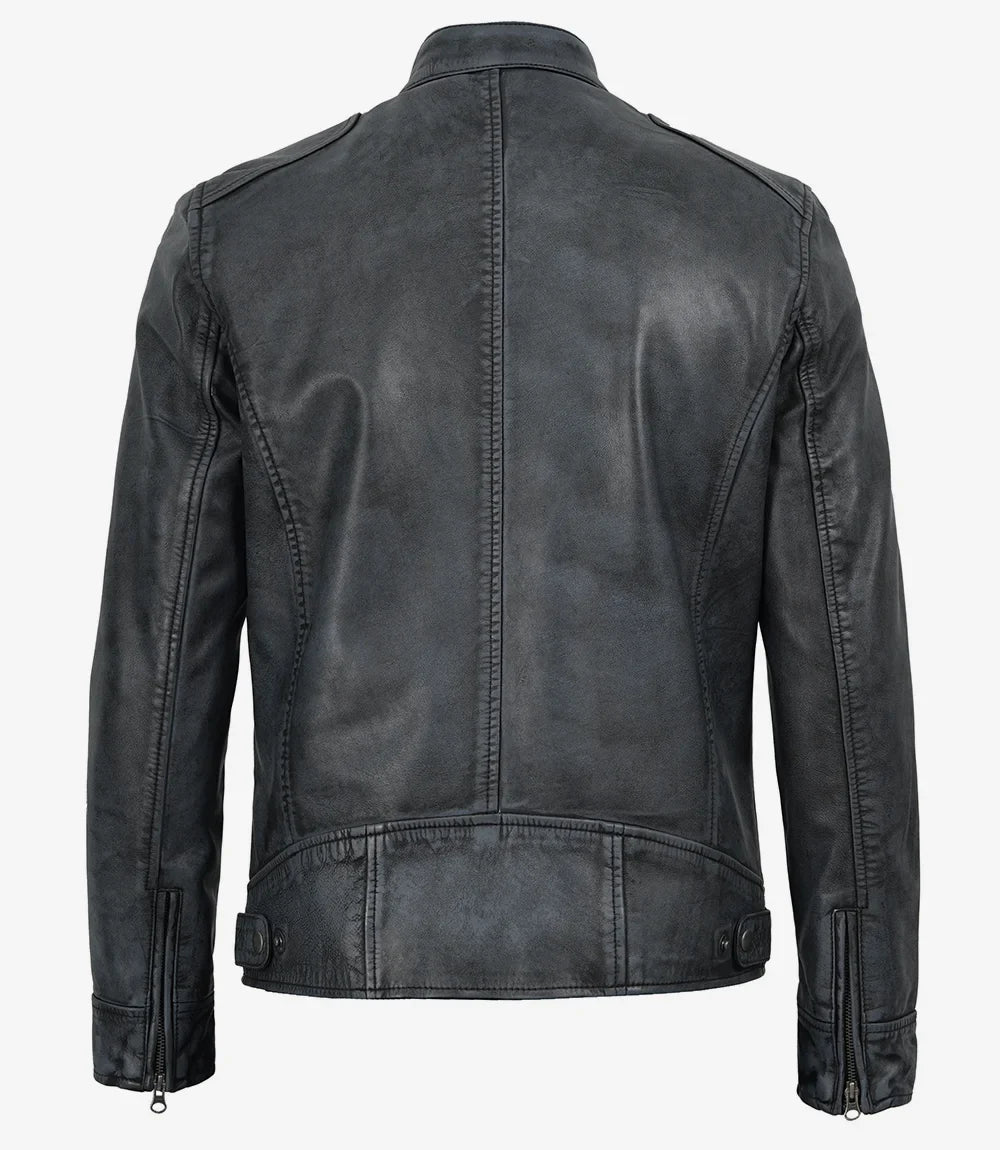 Men's Washed Black Cafe Racer Leather Jacket