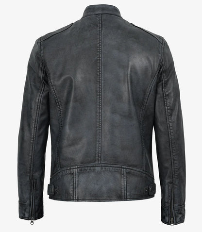 Men's Washed Black Cafe Racer Leather Jacket