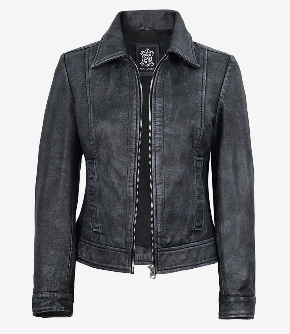 Women's Black Leather Harrington Jacket