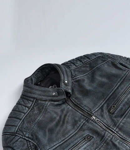 Men's Distressed Washed Black Leather Cafe Racer Jacket