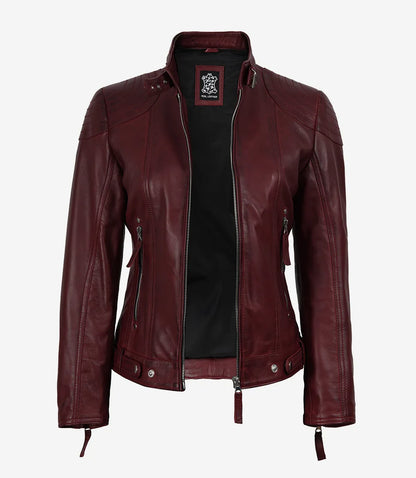 Women’s Maroon Waxed Real Leather Jacket with Removable Hood