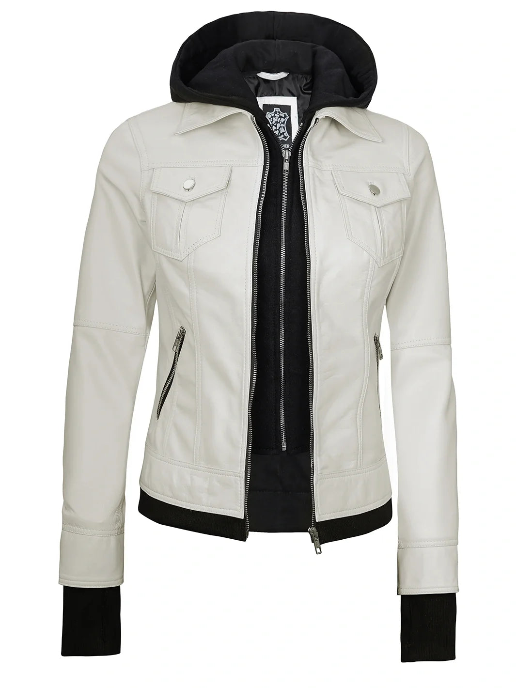 Real Leather Womens Off White Bomber Jacket with Removable Hood