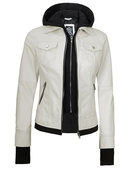 Real Leather Womens Off White Bomber Jacket with Removable Hood