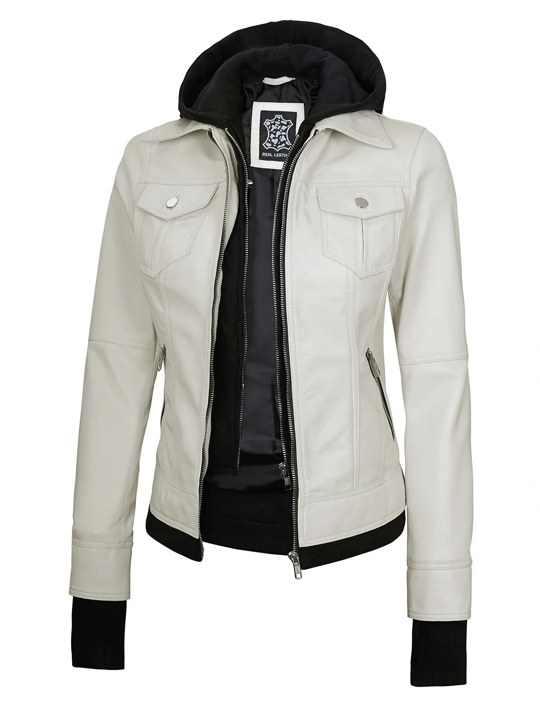 Real Leather Womens Off White Bomber Jacket with Removable Hood