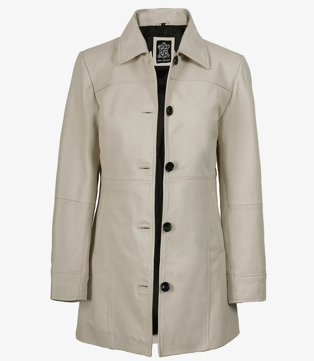 Women's Off-White Lambskin 3/4 Length Car Coat