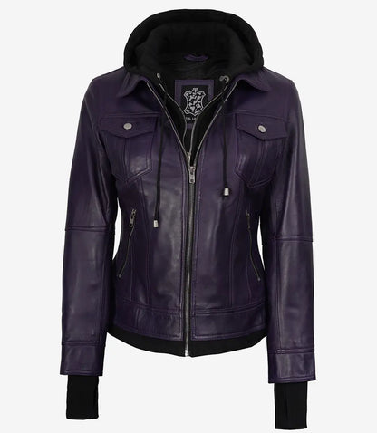 Women's Purple Bomber Leather Jacket - Removable Hood