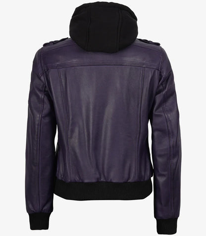 Women's Purple Bomber Leather Jacket with Removable Hood