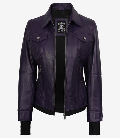 Women's Purple Bomber Leather Jacket - Removable Hood