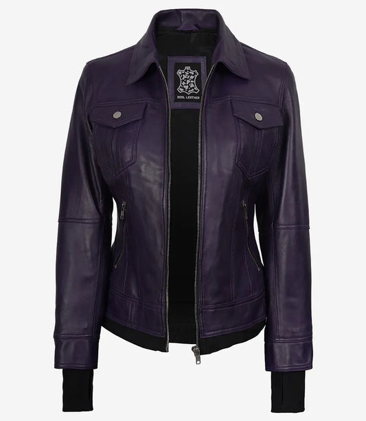 Women's Purple Bomber Leather Jacket - Removable Hood