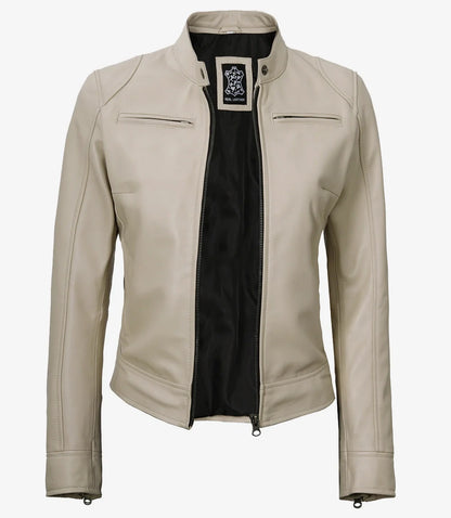 Dodge Beige Biker Style Leather Jacket for Women