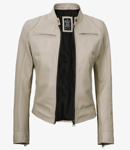 Dodge Beige Biker Style Leather Jacket for Women