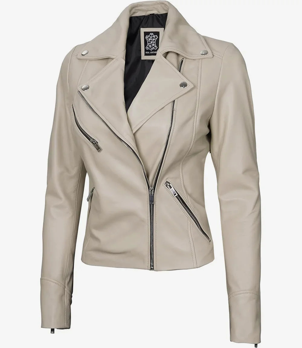 Women's Real Lambskin Leather Beige Biker Style Jacket