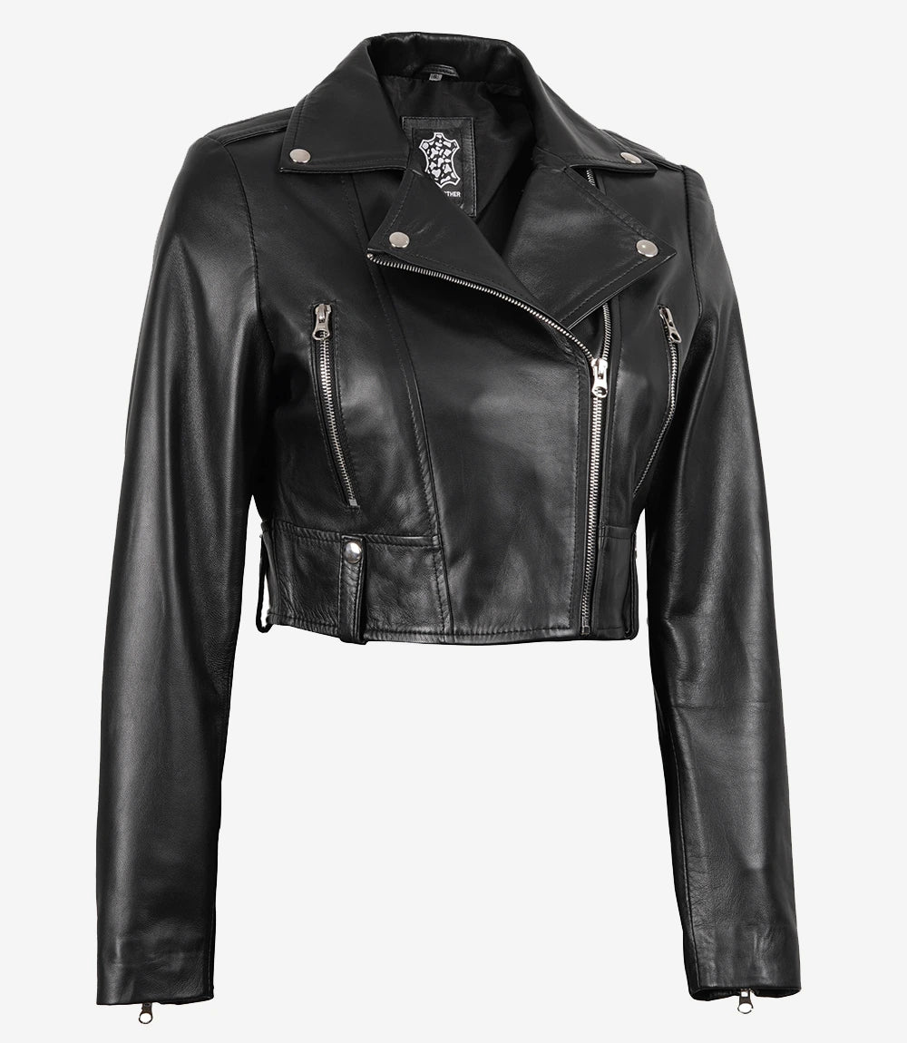 Black Asymmetrical Cropped Leather Jacket for Women