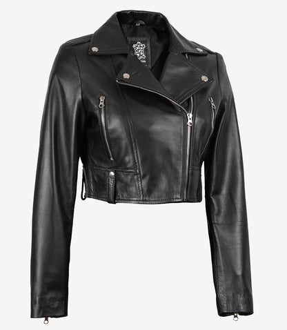 Black Asymmetrical Cropped Leather Jacket for Women