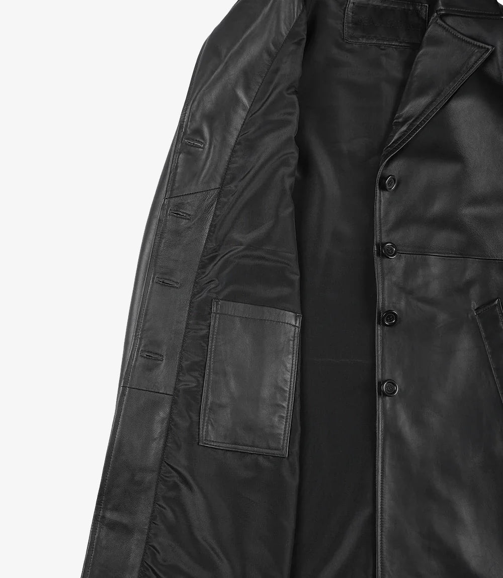Women's Long Black Leather Car Coat - Notch Lapel
