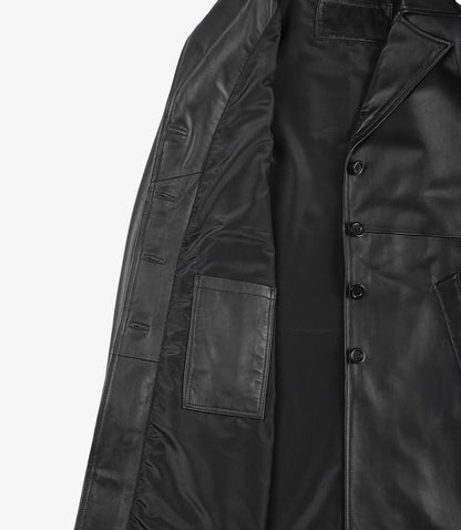 Women's Long Black Leather Car Coat - Notch Lapel