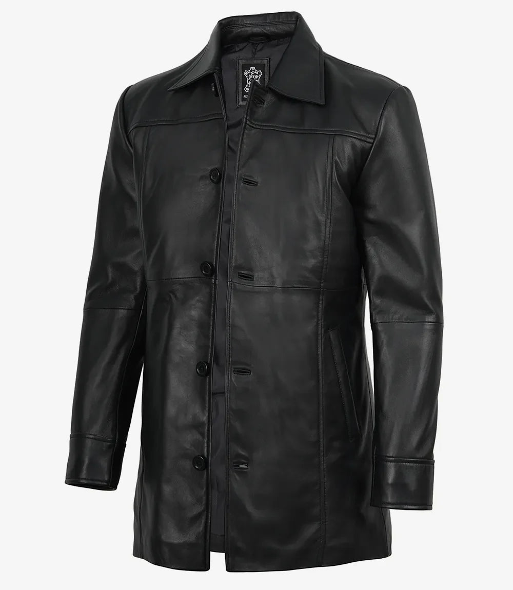 Men's Black 3/4 Length Button Down Leather Coat