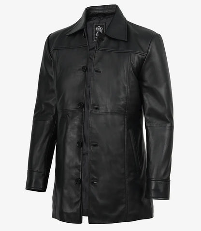 Men's Black 3/4 Length Button Down Leather Coat