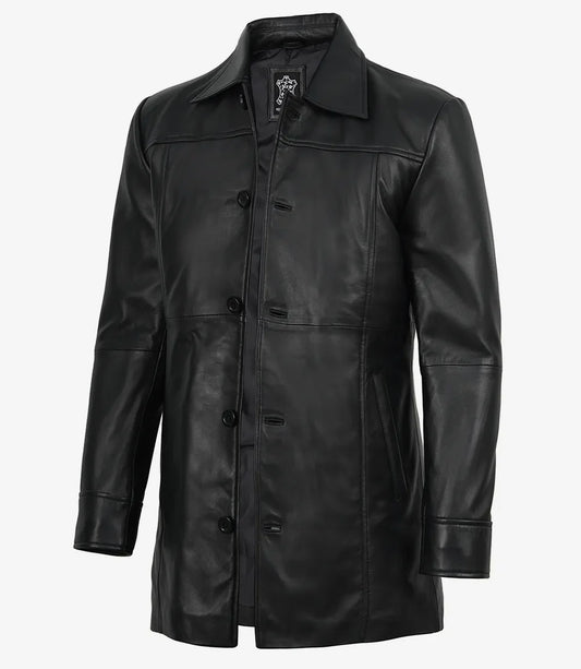 Men's Black 3/4 Length Button Down Leather Coat